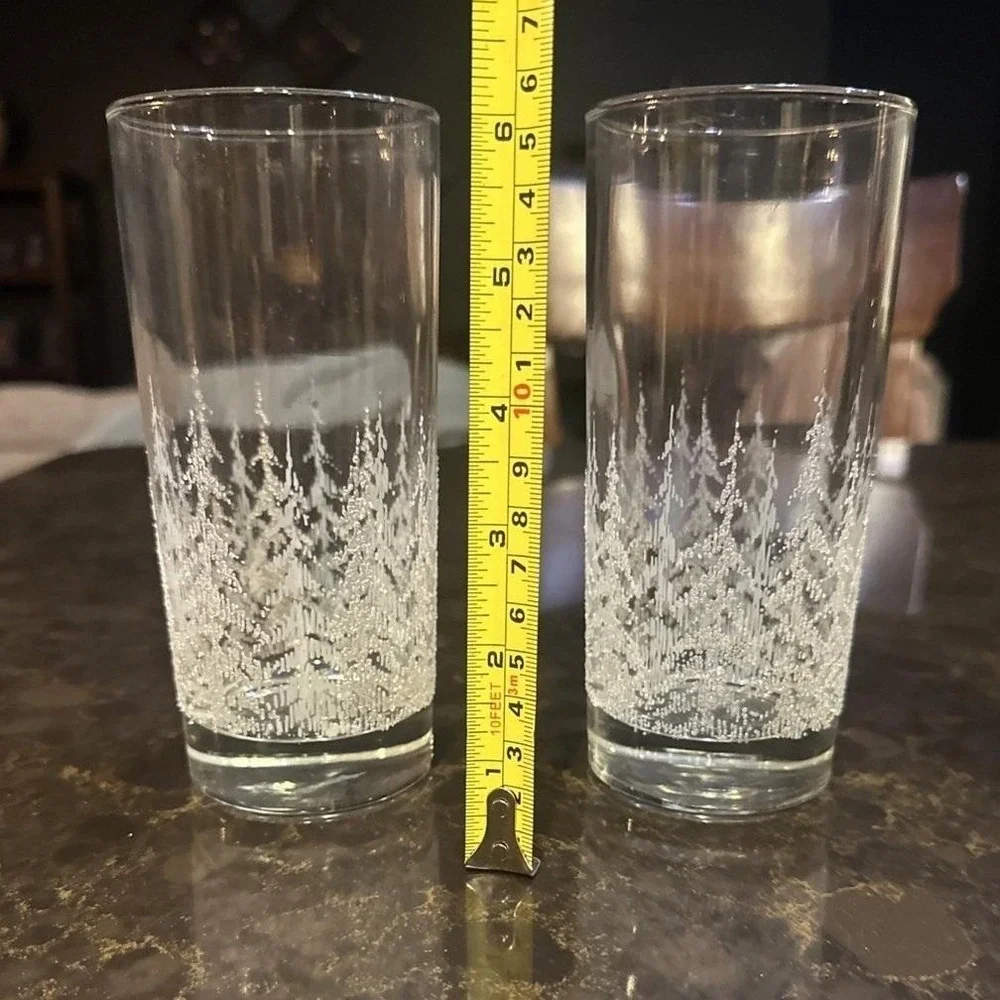 Vintage Frosted White Pine Tree Highball Glasses Set of 2 Winter Forest Tumblers